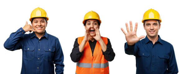 Diverse group of smiling young adult construction workers, two women and one man, in hard hats and workwear, making various hand gestures on a transparent background.