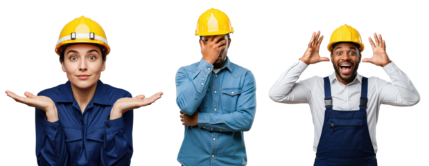 Diverse group of young adult construction workers expressing various emotions like confusion, embarrassment, and surprise, isolated on a transparent background