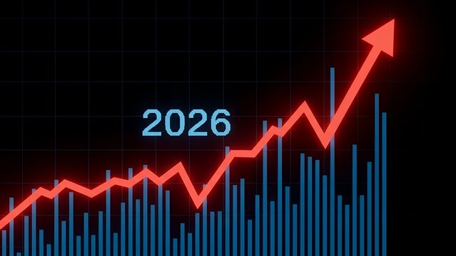 Glowing red growth chart with forecast for 2026 on dark digital background - Powered by Adobe