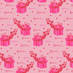 pattern depicting a box with hearts on a pink background