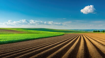 Rolling agricultural landscape with vibrant green fields and freshly tilled soil under a blue sky