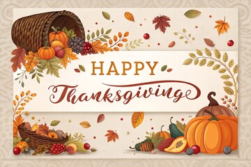 Happy Thanksgiving Banner with Cornucopia, Pumpkins, and Autumn Leaves Design