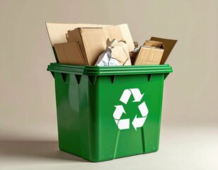 Green recycling bin overflowing with cardboard scraps (1)