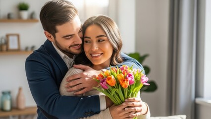 Man embracing woman holding colorful tulip bouquet. Romantic couple expressing love and affection. Spring flowers gift for Valentines Day.