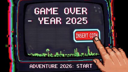 Game over year 2025 with adventure 2026 start button