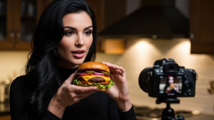 Woman holding a burger while filming a food review in her kitchen. Content creation and social media vlogging concept for food blogger.
