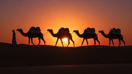 Man and camel caravan silhouetted against a vibrant sunset in a desert landscape. Nomad travel and adventure journey concept.