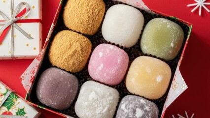 Colorful box of Japanese mochi dessert with a gift box for holiday celebration. Sweet rice cakes with various flavors and powdered sugar.