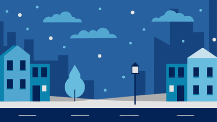 Illustration of a snowy city at nighttime