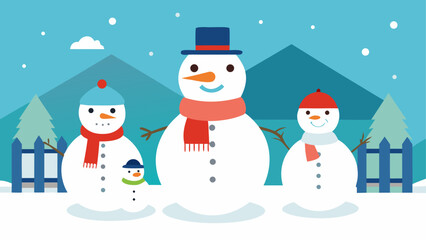 Three snowmen standing in a winter scene