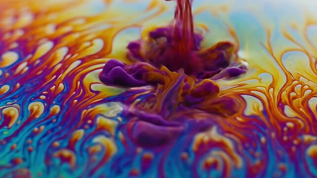 A captivating macro close-up reveals a mesmerizing dance of iridescent colors on a fluid surface. Vibrant blues, greens, yellows, and purples swirl and ripple in an organic, ever-changing pattern, rem