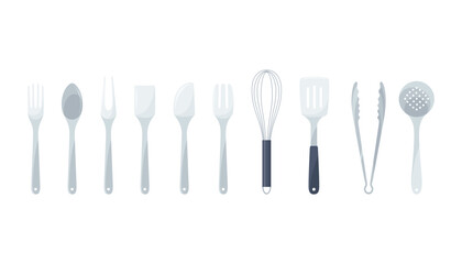 Simple kitchen tools, Clean utensils arranged neatly, Organized collection of kitchen utensils displayed, Minimalist kitchen utensils with soft shadow effects for display
