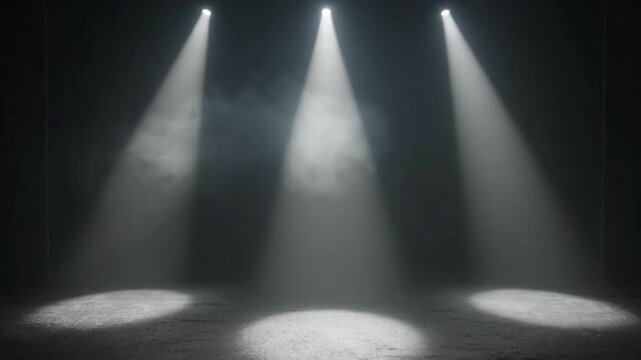 Three bright spotlights illuminating a dark stage with smoke.