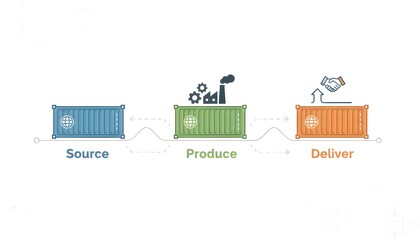 Illustration of a supply chain showing Source, Produce, and Deliver stages with containers and workflow icons for logistics and manufacturing.