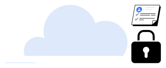 Cloud with secure padlock and document with checklist. Ideal for security, data storage, privacy, digital management, online protection, cloud technology, simple flat metaphor