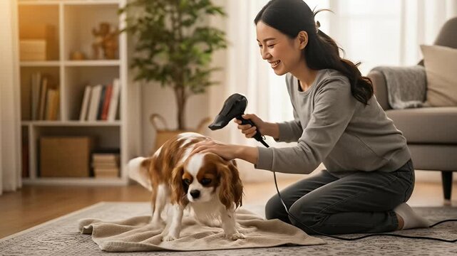 A cheerful young woman gently dries her beloved companion dog after a bath, kneeling comfortably on the floor in a warm, inviting home environment. She uses a hairdryer to carefully fluff the dog's so