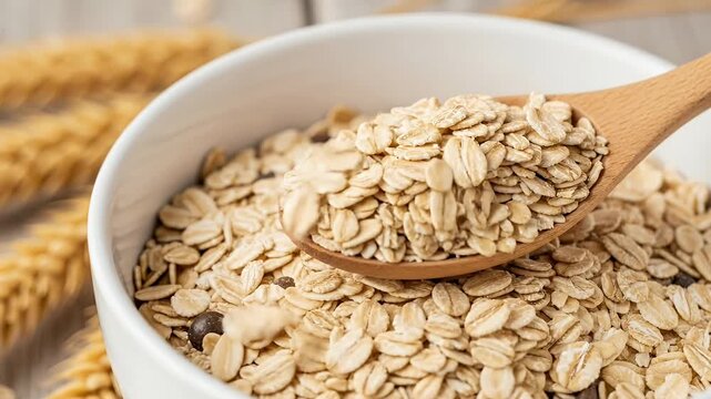A close-up, high-angle shot features a wooden spoon gently scooping wholesome rolled oats from a pristine white bowl. The detailed texture of the oats fills the frame, suggesting a healthy and natural