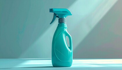 &ldquo;Turquoise plastic spray bottle with trigger nozzle in soft-lit minimalist setting&rdquo;