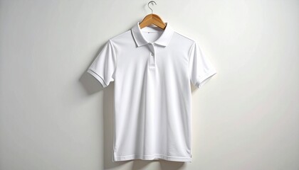 &ldquo;White short-sleeve polo shirt on wooden hanger against light gray background&rdquo;