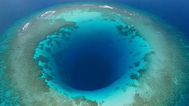 Aerial View Of Great Blue Hole In Belize, Deep Blue Circle, Coral Reef Contrast, Marine Sinkhole, Di