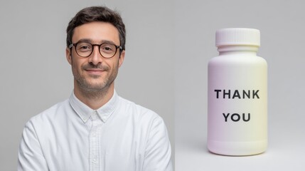 Man expressively smiling beside a bottle labeled thank you, conveying gratitude and positivity in a tranquil setting. National Pharmacist Day