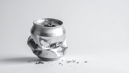 &ldquo;Crushed aluminum soda can on white surface with scattered fragments&rdquo;