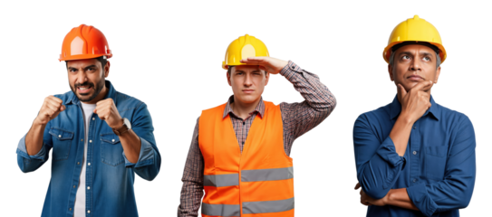 Three diverse male construction workers in hard hats and workwear, showing determination, vigilance, and contemplation, isolated on a transparent background.