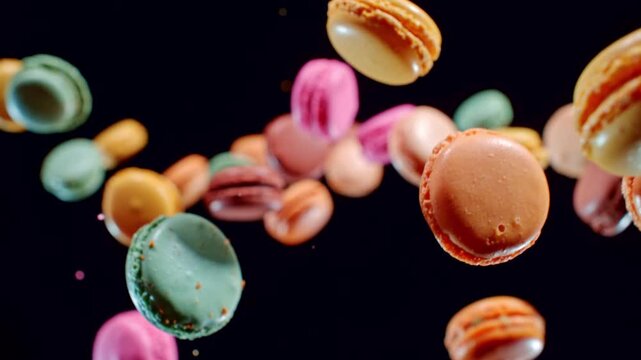 Super slow motion of flying macaroons up in the air. Camera in super fast motion. Filmed on high speed cinema camera, 1000 fps