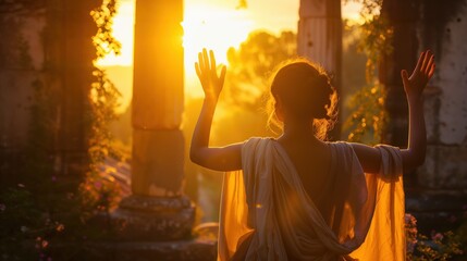 Carmentalia. Young Roman woman in draped tunic praying at Carmenta's sanctuary, hands raised in supplication, soft golden hour lighting, flower garlands, ancient Roman architecture