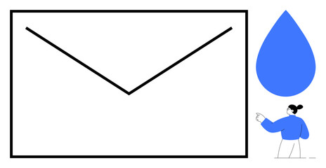 Communication, mailing services, teamwork, modern technology, creativity, digital interaction. Large envelope with abstract blue droplet and person pointing. Communication and mailing services theme