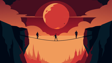 People walking on rope bridge at sunset © sumona