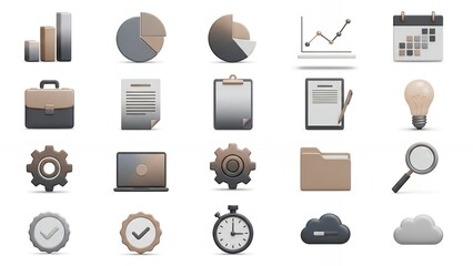Stunning 3D business and finance icons deliver modern data visualization and professional office concepts with elegant muted tones