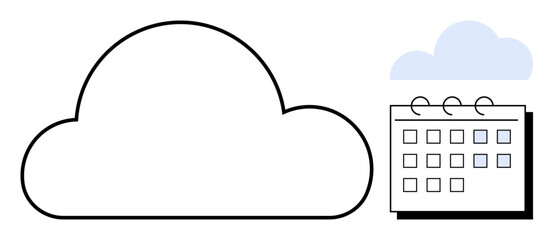 Large cloud outline next to a calendar with highlighted details suggesting time organization. Ideal for cloud computing, scheduling, digital storage, productivity, business management, time
