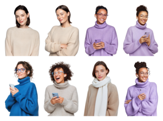 PNG Diverse women wearing cozy sweaters, element set on transparent background