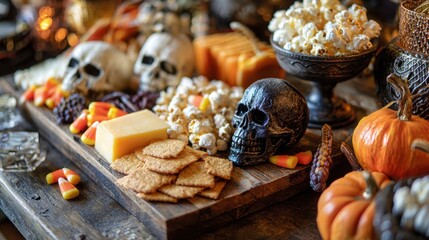 Halloween Spooky Cheese Board with Black Skulls, Candy Corn, Crackers and Mini Pumpkins