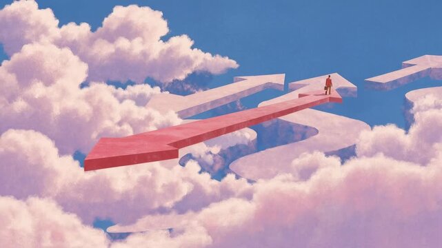 Person in long coat continues farther along elevated pink walkway above soft clouds creating poetic scene of determination self discovery and peaceful dreamlike travel