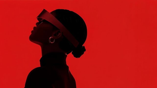Stylish woman in profile wears hat and visor glasses against bold red background creating dramatic fashion portrait with futuristic attitude and strong graphic silhouette