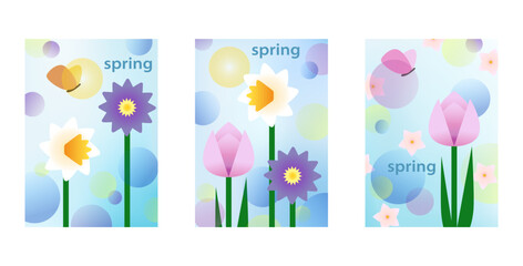 Modern abstract vector illustrations for holiday greeting cards on a spring theme with flowers and butterflies, website and social media banners, marketing materials.