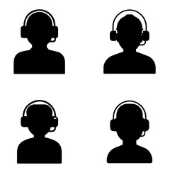 Four black silhouettes of individuals wearing headsets arranged in a 2x2 grid on a white background