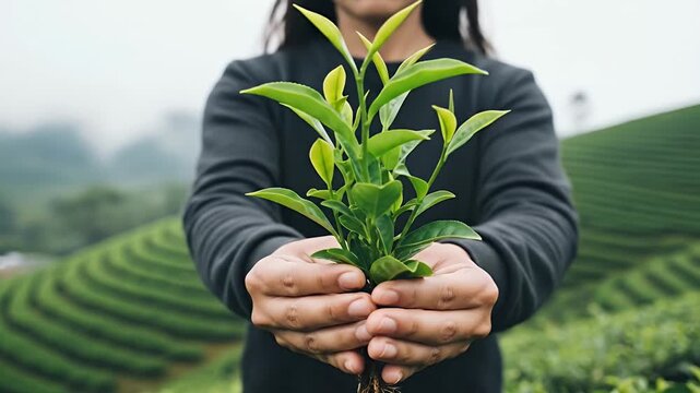 A person gently holds a young, vibrant green plant with visible roots in their cupped hands, presenting it towards the viewer. The background features a softly blurred, expansive landscape of lush, te