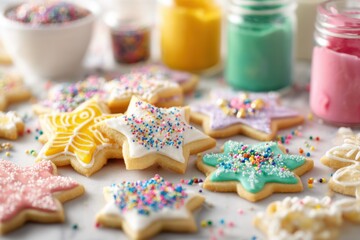 Christmas cookie baking scene with star-shaped iced sugar cookies, colorful sprinkles and decorating jars for holiday baking