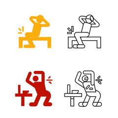 Four stylized workout icons depict exercise poses. Top left shows a yellow figure sitting