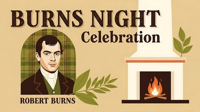 Burns night celebration graphic featuring robert burns portrait and festive fireplace