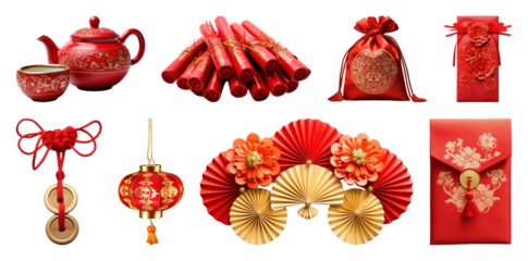 PNG Traditional red Chinese decorative items, element set on transparent background