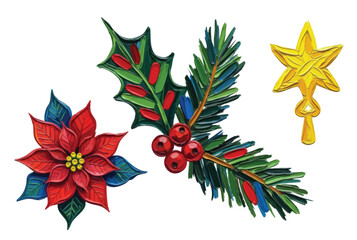 Colorful Christmas floral illustration with poinsettia, holly leaves, berries, and festive star.