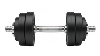 Adjustable dumbbell with black weight plates on chrome handle