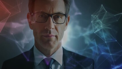 Middle Aged Businessman in Dark Suit with Glasses and Futuristic Data Visualizations in Blurred Background - Powered by Adobe