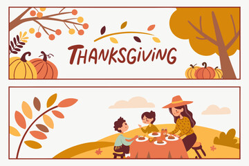 Vector Illustration of Thanksgiving Banners with Pumpkins and Family Dinner
