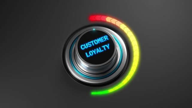 Animated customer loyalty level gauge rising from green to red. Ideal for brand trust analysis, retention metrics, marketing strategy, customer experience, and business analytics visuals.