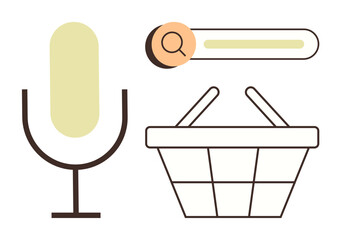 Microphone, search bar, and shopping basket convey voice-based shopping, online search, and e-commerce. Ideal for technology, retail, innovation AI internet convenience communication. Simple flat